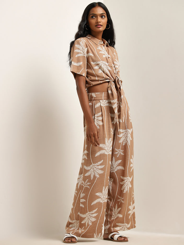 LOV Dark Beige Tropical Design Mid-Rise Palazzos