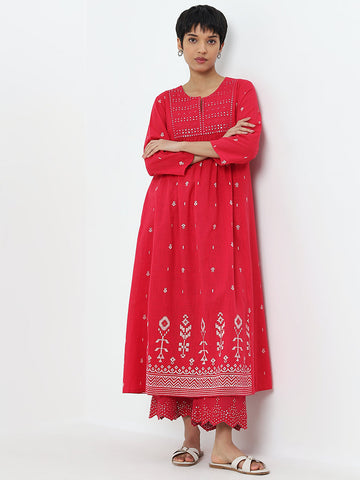 Utsa Fuchsia Mirror-Work Detailed A-Line Cotton Kurta