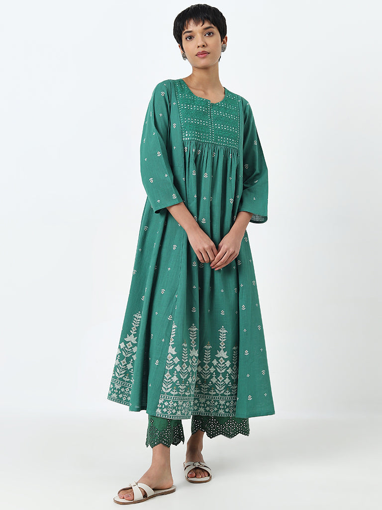 Utsa Dark Green Mirror-Work Detailed A-Line Cotton Kurta