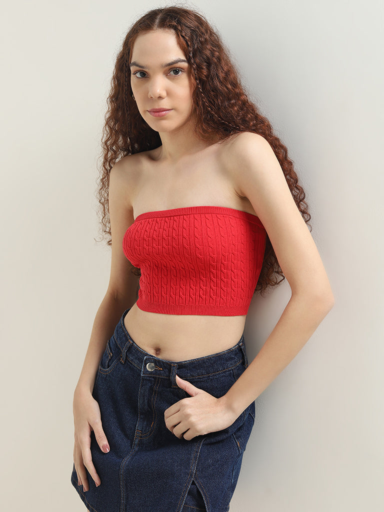 Nuon Red Knit-Textured Cotton Blend Tube Top