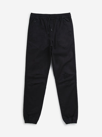 Y&F Kids Black Solid Mid-Rise Cotton Blend Joggers