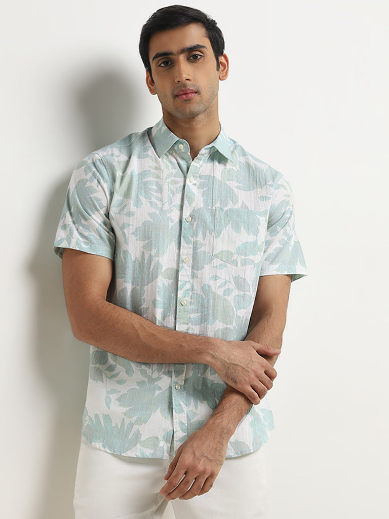 WES Casuals Aqua Leaf Design Slim-Fit Cotton Shirt