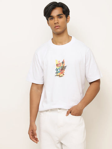 Nuon White Graphic Printed Relaxed-Fit Cotton T-Shirt