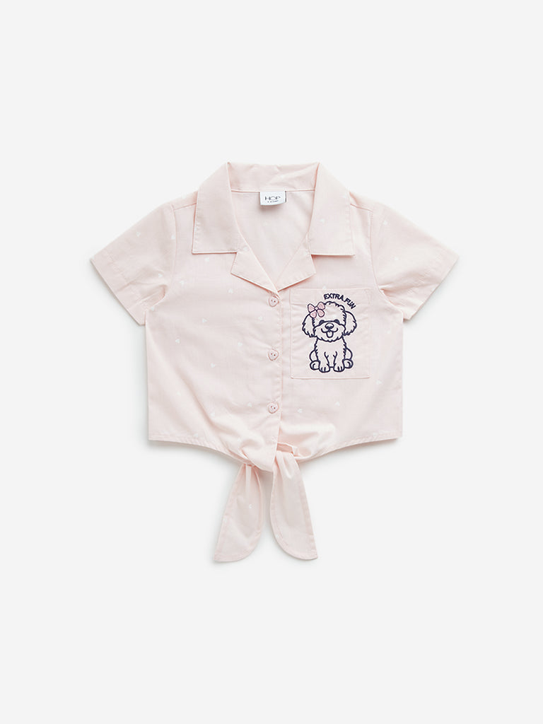 HOP Kids Pink Embroidered Tie-Up Cropped Cotton Shirt