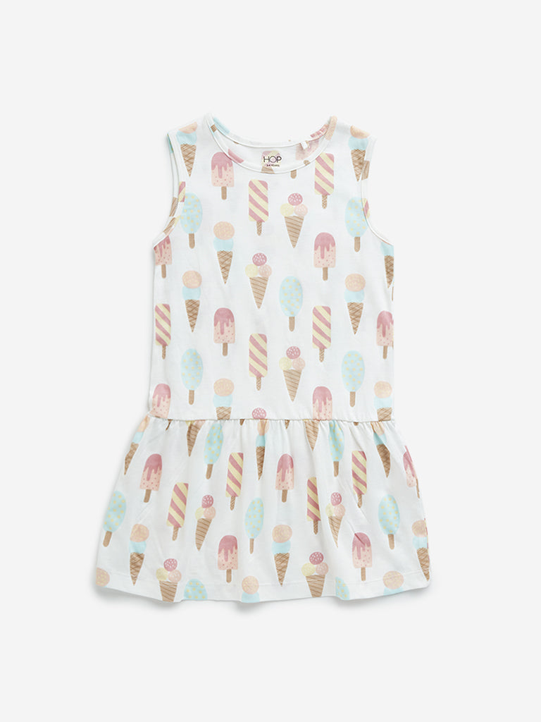 HOP Kids Off-White Ice-Cream Design Drop-Waist Cotton Dress