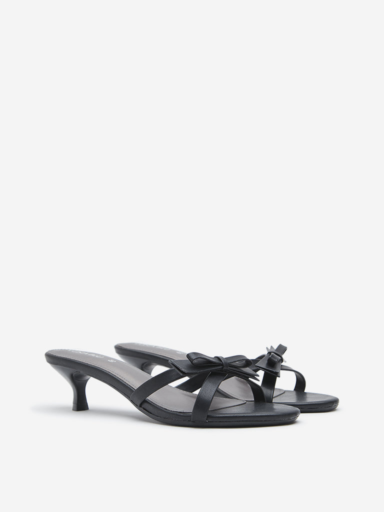 LUNA BLU Black Bow-Detailed Kitten Heel Sandals