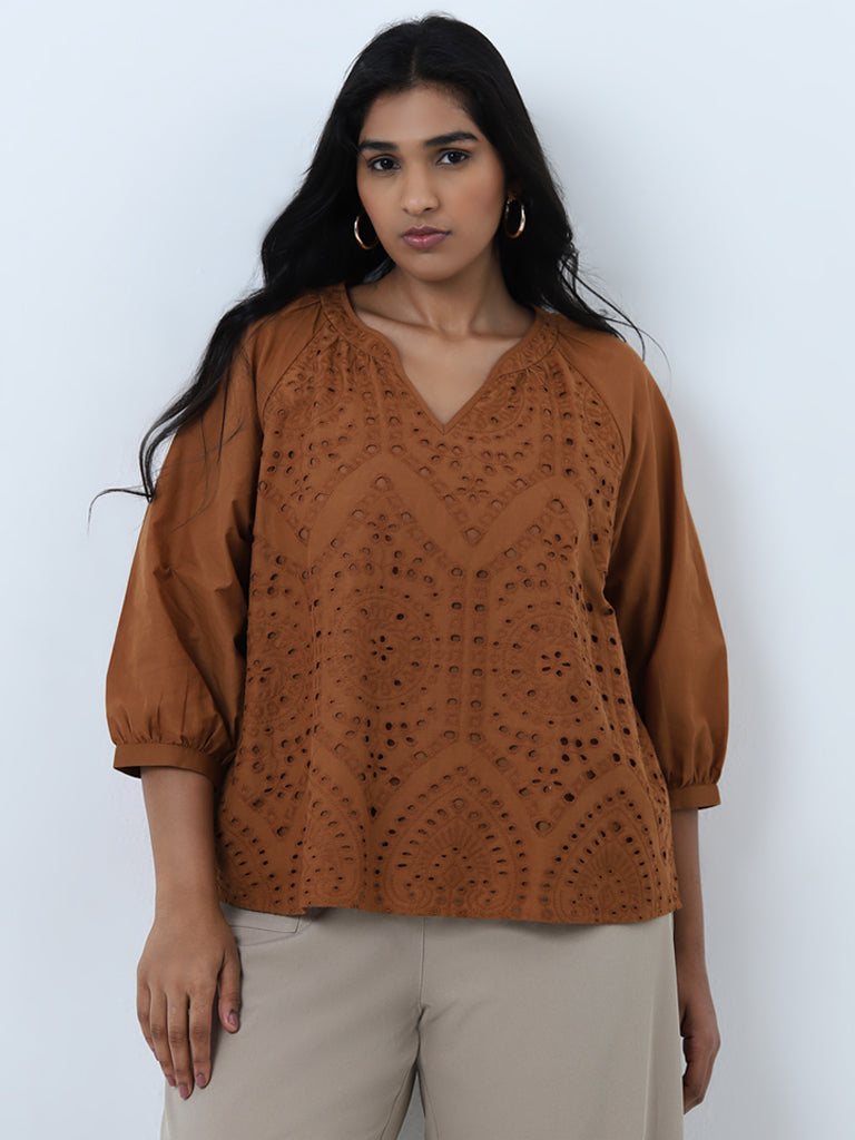 Gia Brown Schiffli-Detailed Cotton Top