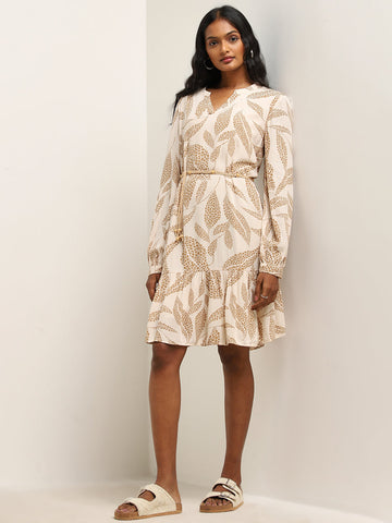 LOV Beige Leaf Printed Tiered Dress with Belt