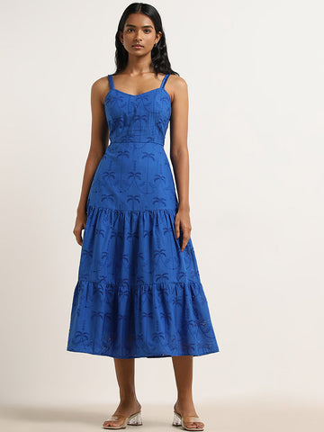 LOV Dark Blue Schiffli Design Tiered Cotton Dress