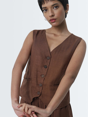 LOV Dark Brown Waistcoat-Style Blended Linen Top