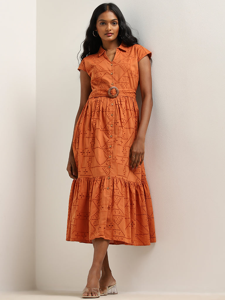 LOV Rust Schiffli Tiered Cotton Shirt Dress with Belt