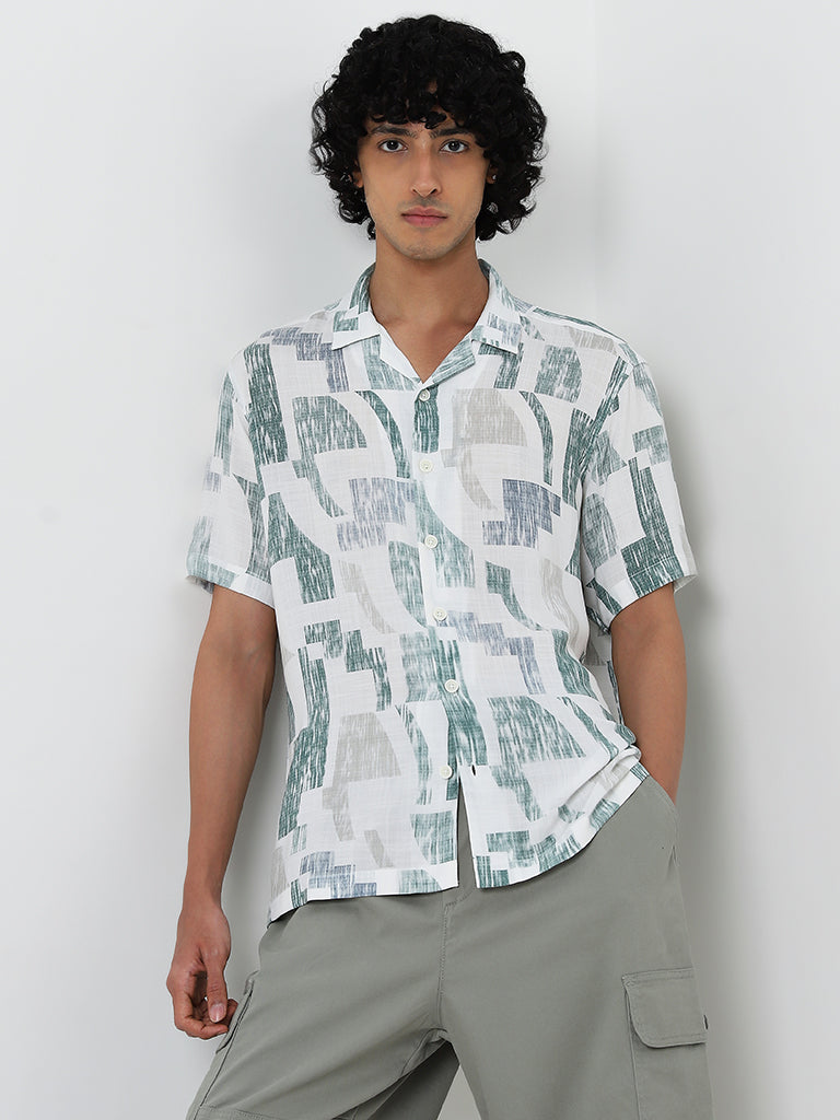 Nuon White Abstract Printed Relaxed Fit Shirt