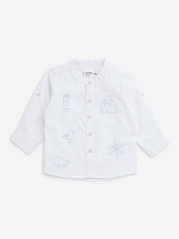 HOP Baby White Animal Embroidered Cotton Shirt