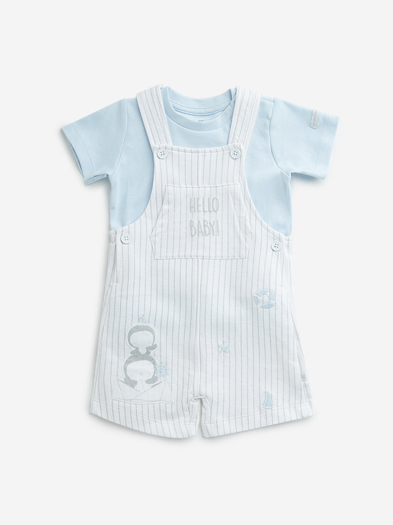 HOP Baby White Striped Dungaree with Cotton T-Shirt Set