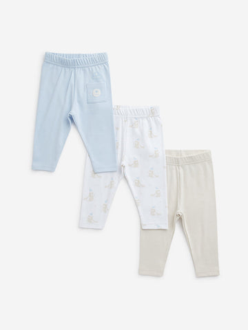 HOP Baby Light Blue Printed Cotton Pants - Pack of 3