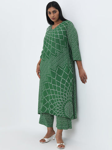 Diza Green Bandhani Printed A-Line Cotton Kurta