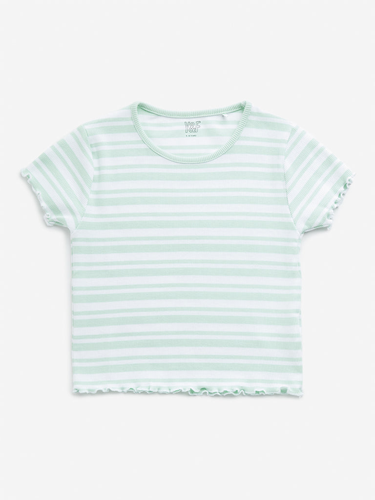 Y&F Kids Sage Striped Ribbed Textured Cotton Blend T-Shirt