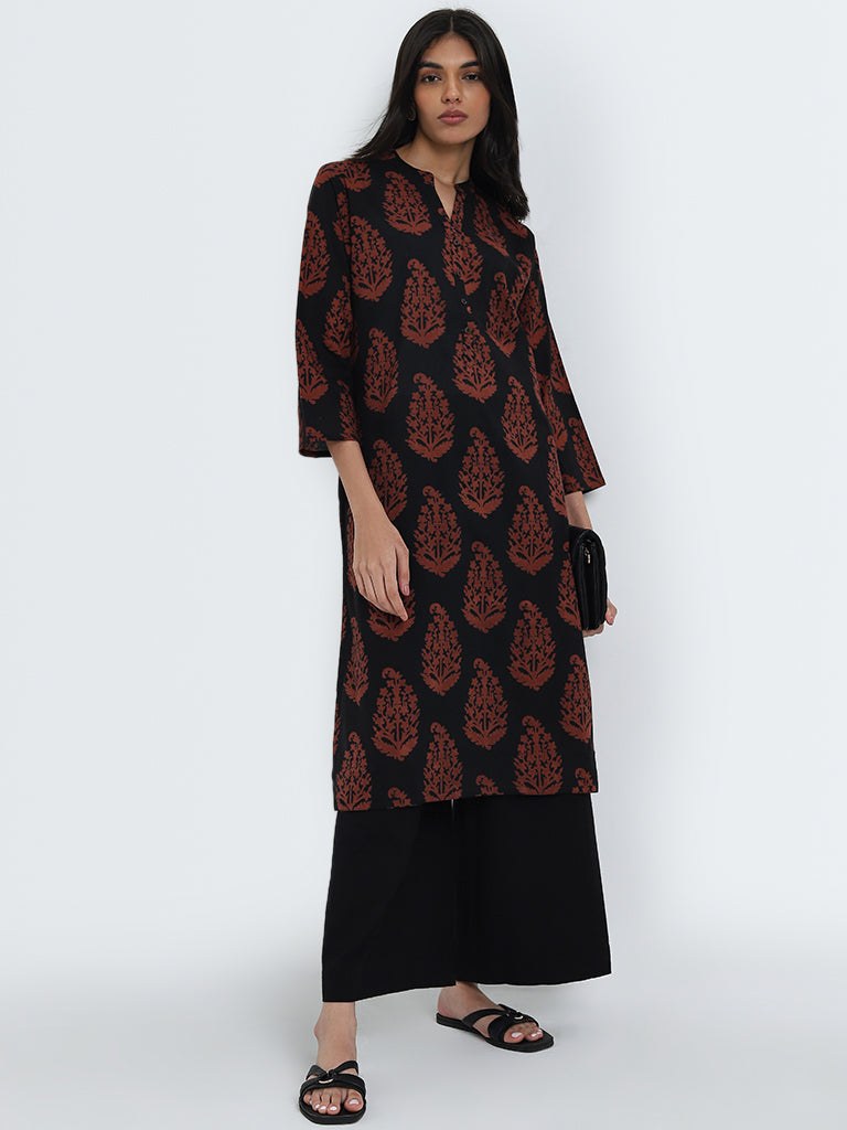 Utsa Black Butta Printed Straight Cotton Kurta