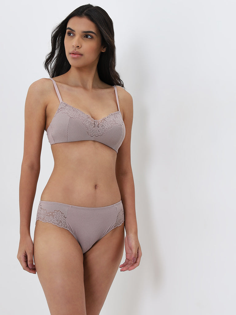 Wunderlove Taupe Floral Lace Design Ribbed Brief