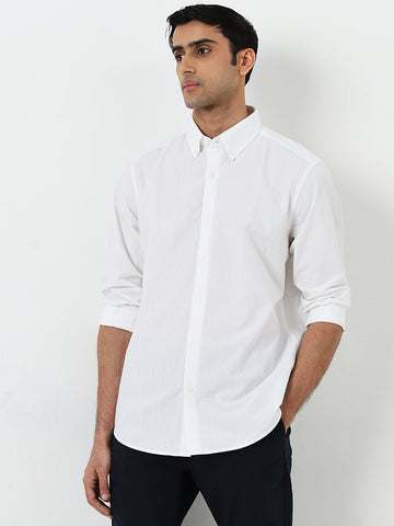 Ascot White Textured Stripes Relaxed-Fit Cotton Shirt