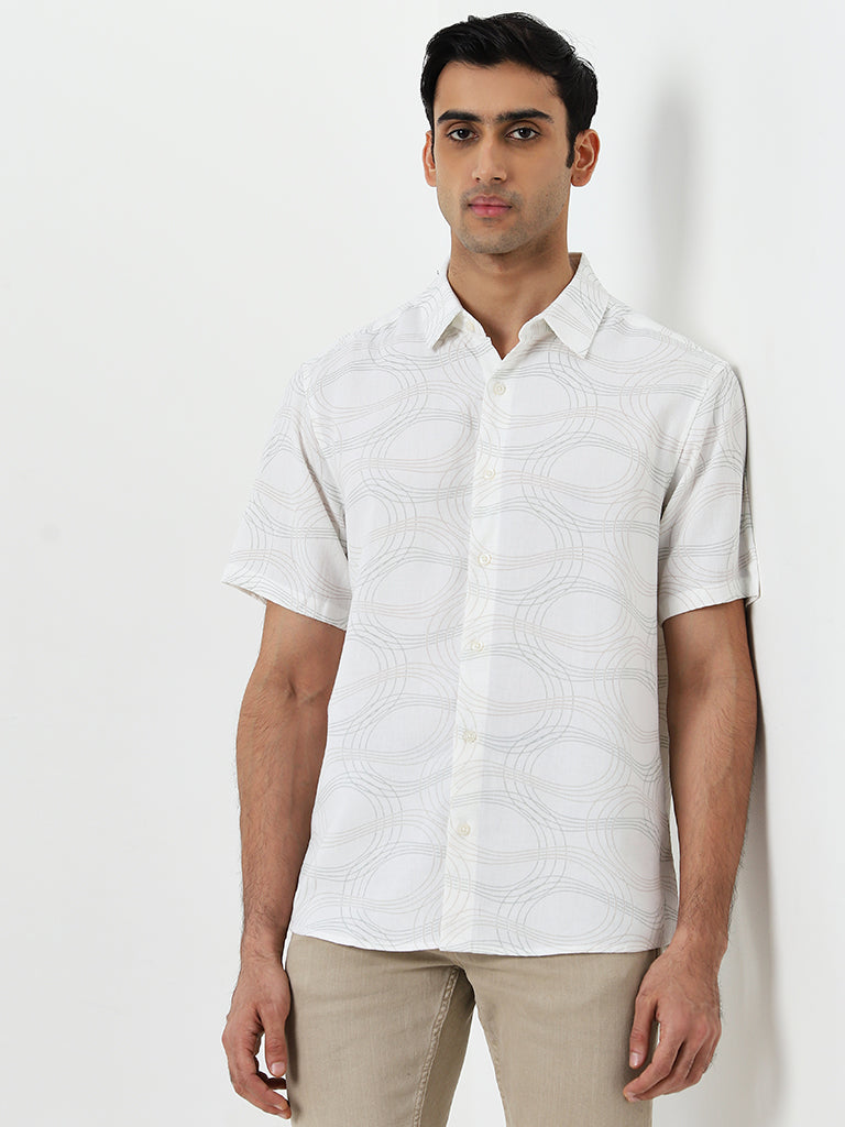 Ascot Off-White Abstract Relaxed-Fit Blended Linen Shirt