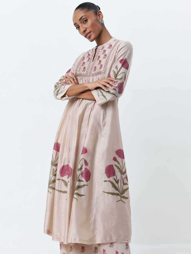 Zuba Beige Floral Printed A-Line Kurta