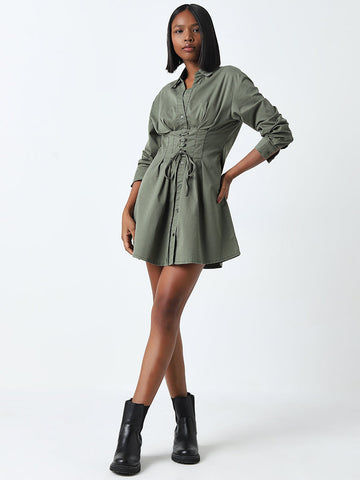 Nuon Olive Corset-Style Cotton Blend Shirt Dress