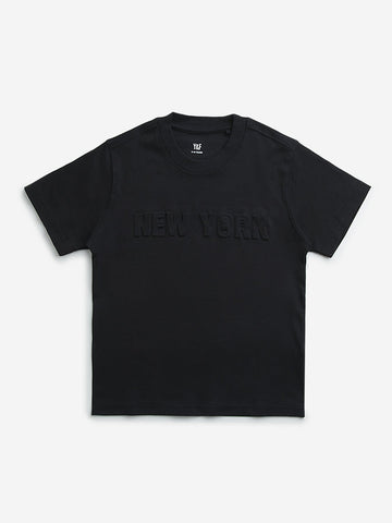 Y&F Kids Black Text Embossed Cotton T-Shirt