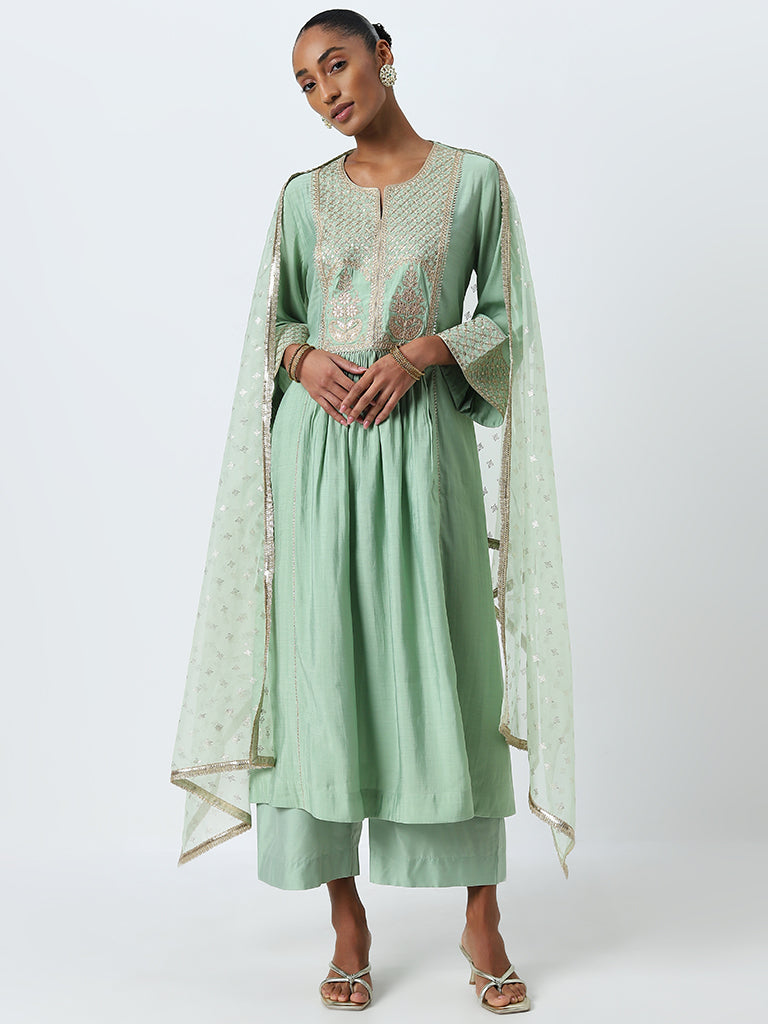 Vark Mint Embellished Kurta, Ethnic Pants and Dupatta Set