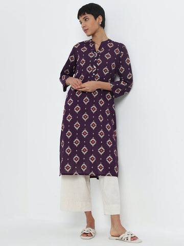 Utsa Purple Jamdani Printed Straight Cotton Kurta