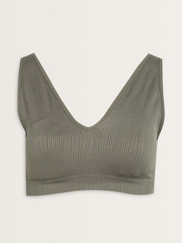 Superstar Olive Ribbed Textured Padded Plunge Cotton Bra