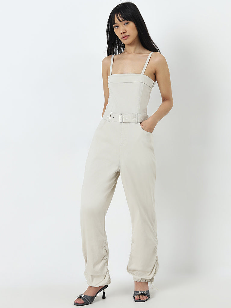 Nuon Beige Solid Jumpsuit With Belt