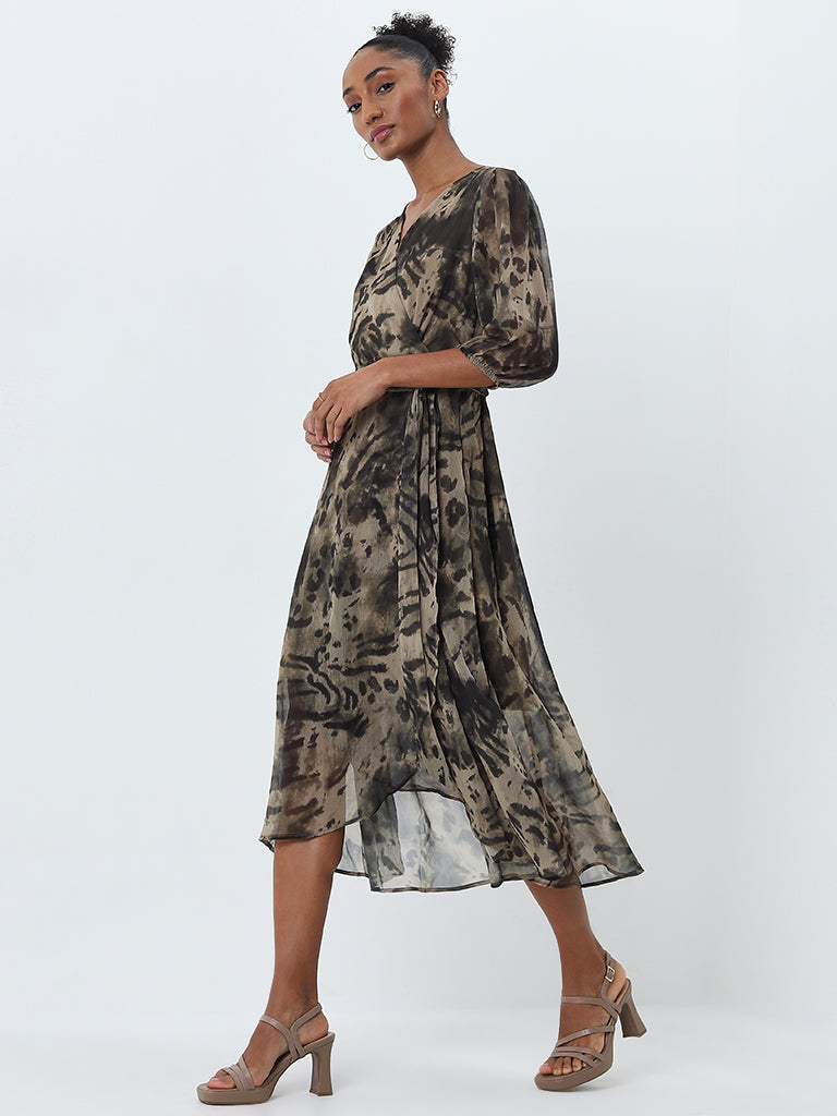 Wardrobe Olive Abstract Design Wrap Dress with Belt