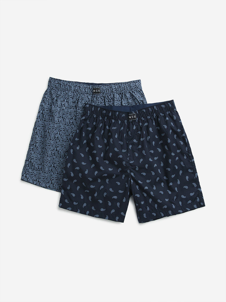 WES Lounge Blue Printed Cotton Boxers - Pack of 2