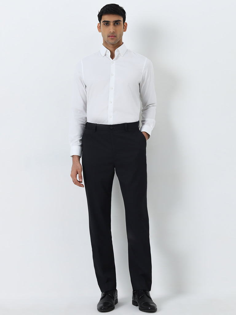 WES Formals Black Mid-Rise Slim-Fit Trousers