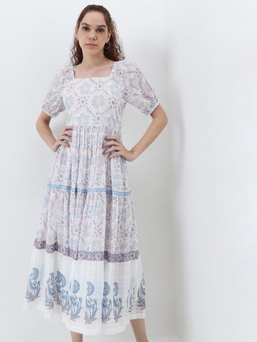 Bombay Paisley Multicolour Floral Tiered Cotton Dress