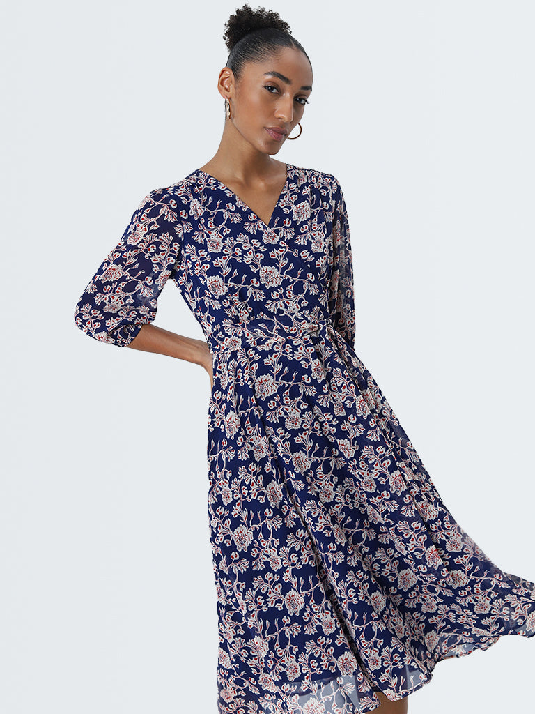 Wardrobe Blue Floral Printed Wrap Dress with Belt