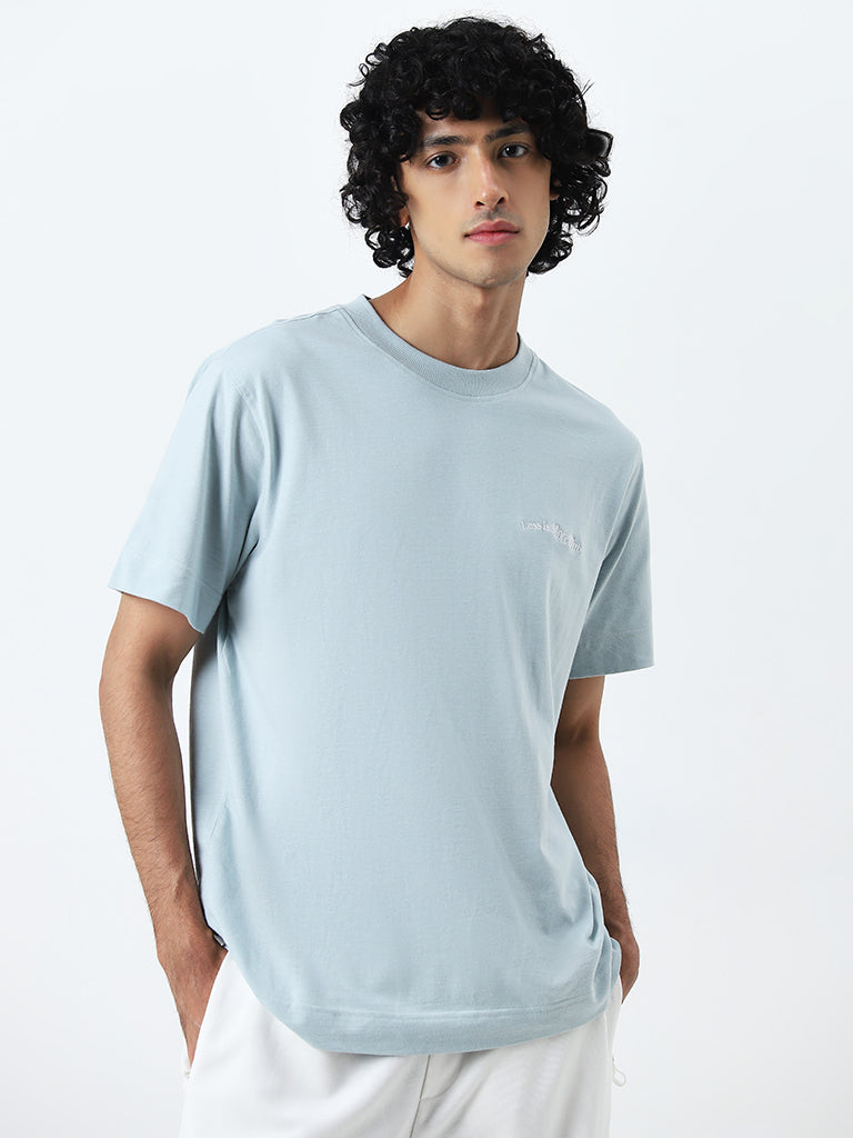 Studiofit Light Blue Typographic Relaxed-Fit Cotton T-Shirt