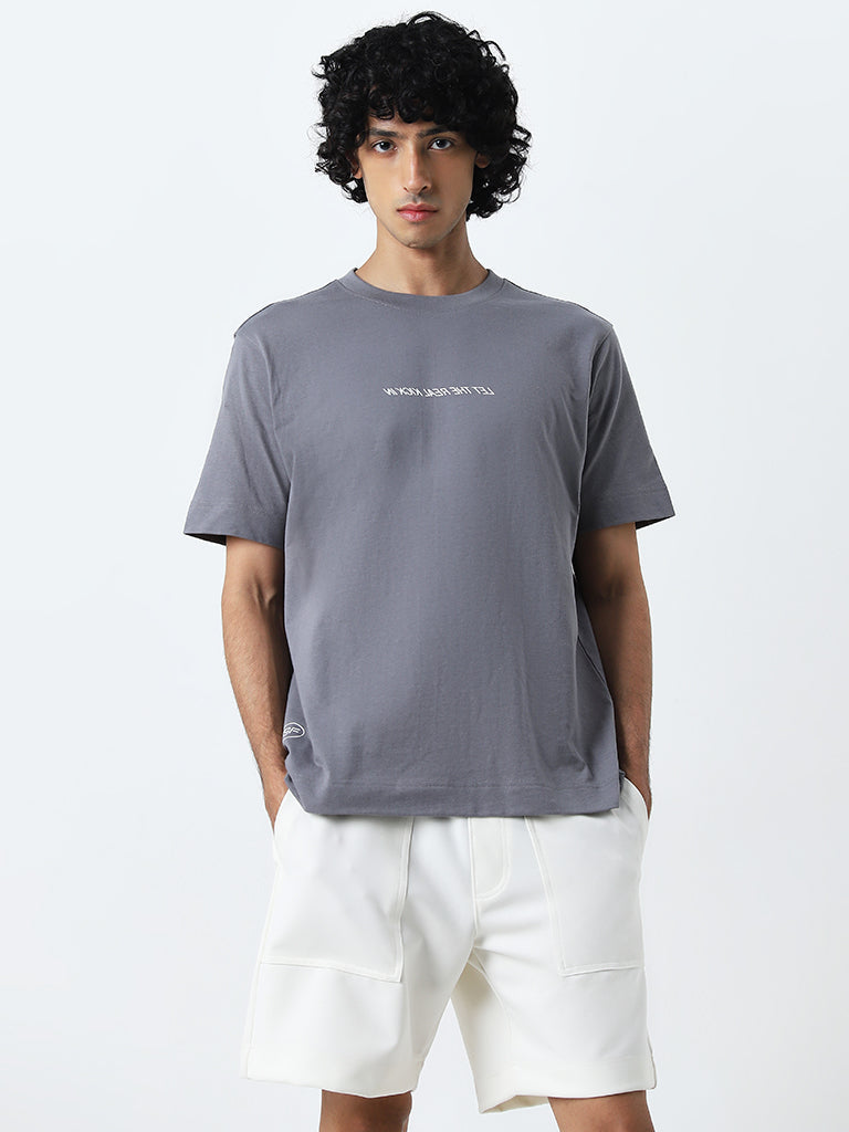 Studiofit Grey Text Printed Relaxed-Fit Cotton T-Shirt