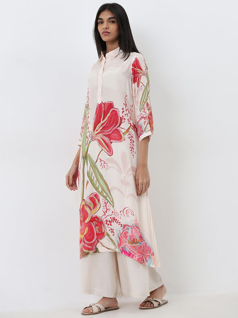 Utsa Cream Floral Printed High-Low Kurta