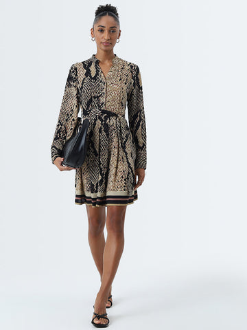 Wardrobe Multicolour Animal Print A-Line Dress with Belt