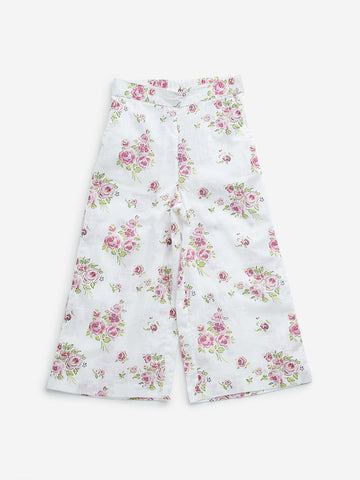 Utsa Kids White Floral Print High-Rise Cotton Palazzos (2-8 Year)