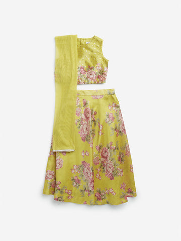 Utsa Kids Yellow Floral Printed Ghagra, Choli with Dupatta Set (2-8 Years)