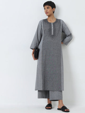 Utsa Grey Mirror-Work A-Line Cotton Kurta