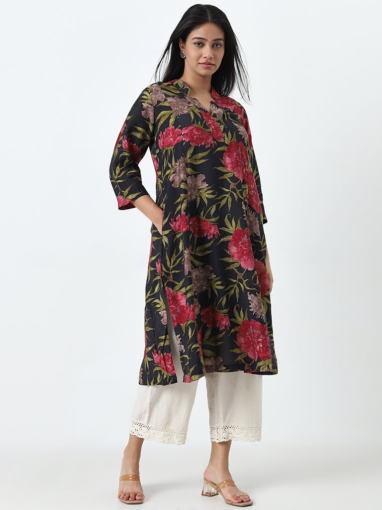 Diza Black Floral Design A-Line Kurta