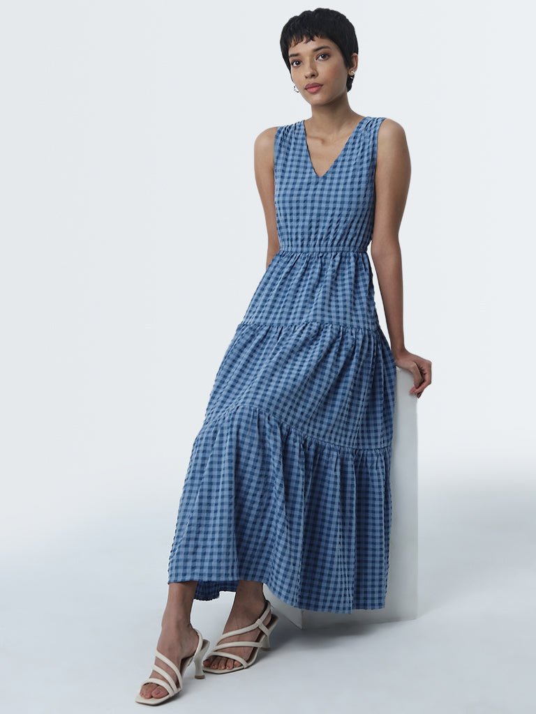 LOV Blue Gingham Checks Design Tiered Dress