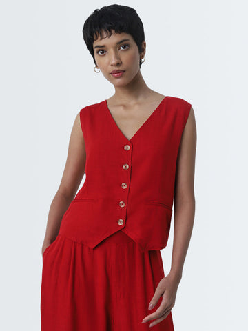 LOV Red Waistcoat-Style Blended Linen Top