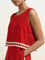 LOV Red Embroidered Blended Linen Jumpsuit