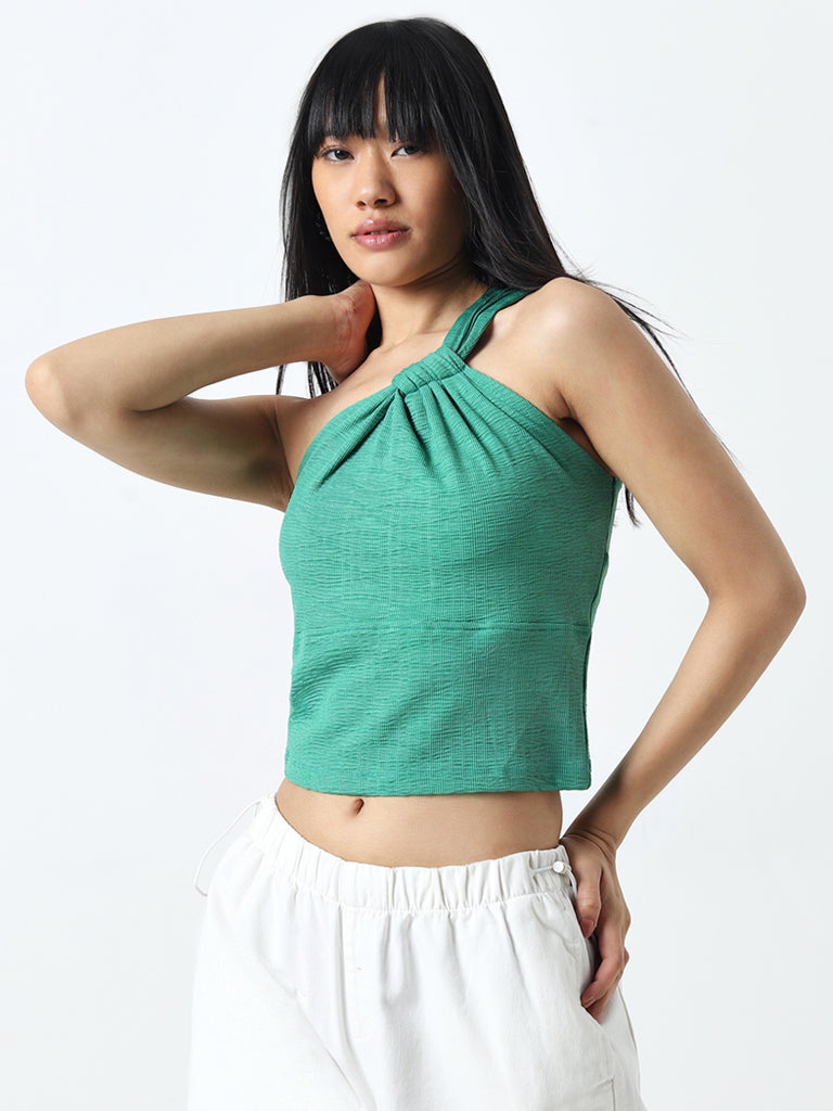 Nuon Green Self-Textured One-Shoulder Top