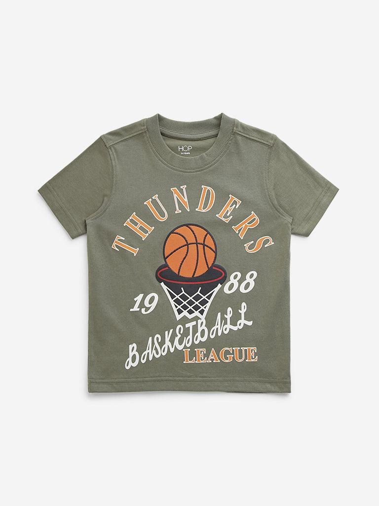 HOP Kids Olive Basketball Printed Cotton T-Shirt